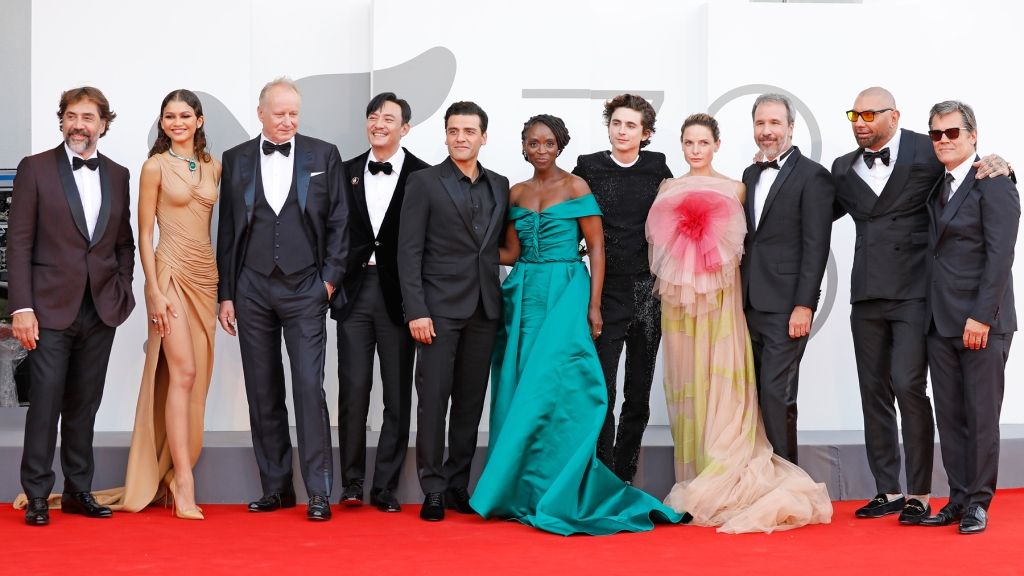 VENICE, ITALY - SEPTEMBER 03, 2021: Javier Bardem, Zendaya, Stellan Skarsgard, Chang Chen, Oscar Isaac, Sharon Duncan Brewster, Timothee Chalamet, Rebecca Ferguson, Denis Villeneuve, Dave Bautista, Josh Brolin arrives on the red carpet for 'Dune' during the 78th Venice International Film Festival in Venice, Italy. (Photo credit should read P. Lehman/Barcroft Media via Getty Images)